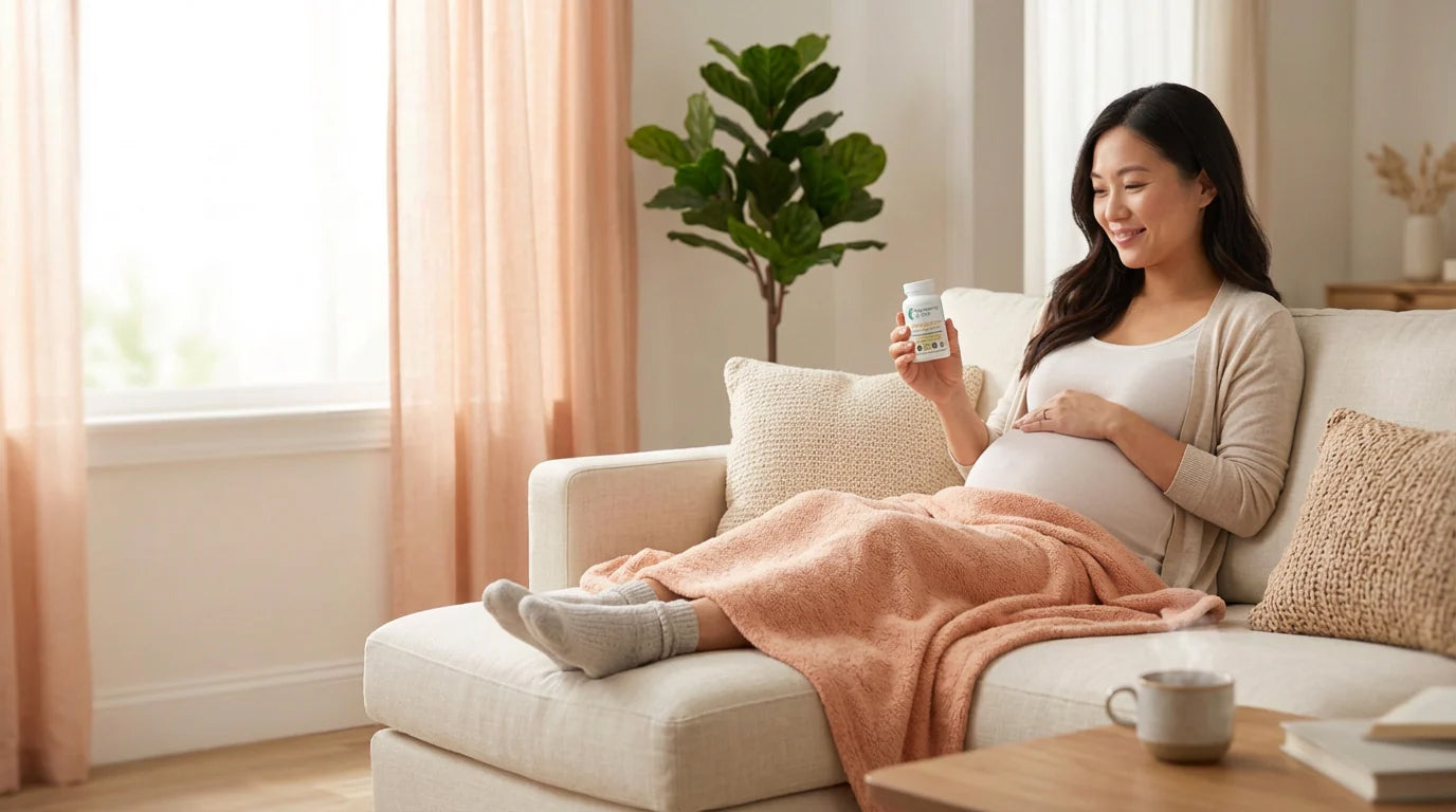 Pregnant woman sitting on a couch with a blanket, holding a mug in a cozy living room.